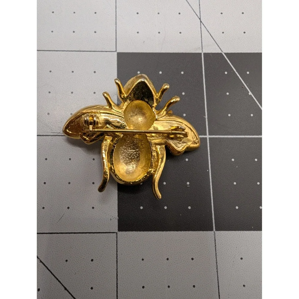 Enamel Bumble Bee Brooch‎ Gold Tone Green Blue Rhinestone Insect Pin vtg